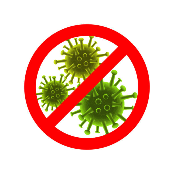 ilustrações de stock, clip art, desenhos animados e ícones de stop viruses sign. vector red stop sign and viruses behind it. - anti bacteria