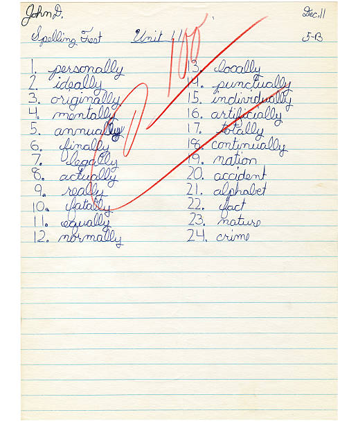 homework paper images Fifth-Grade Spelling Test, 100% Score - White Background homework paper stock pictures, royalty-free photos & images