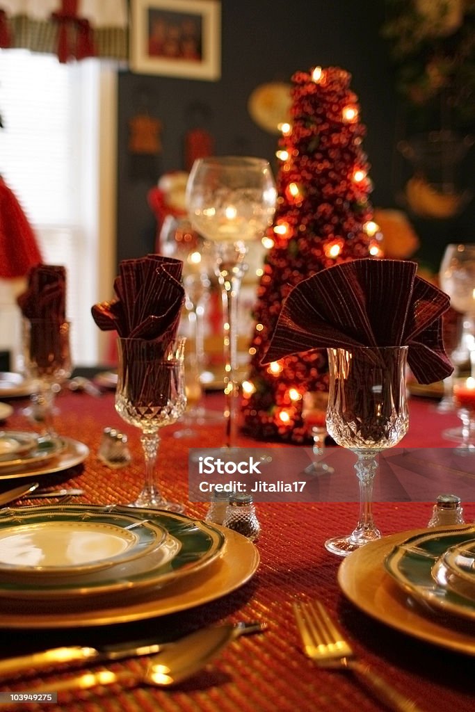Holiday Table Setting: Decorative Christmas Tree Centerpiece  Atmospheric Mood Stock Photo
