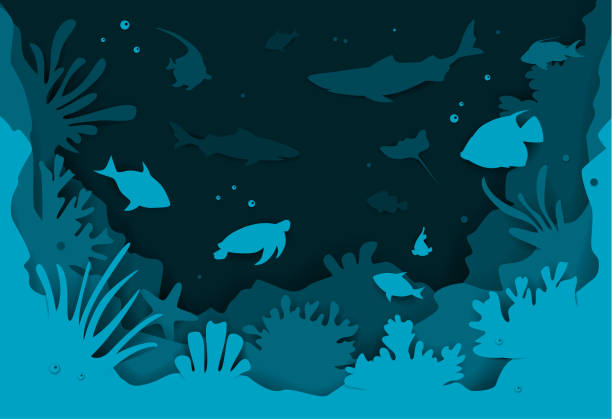 цифровая бумага вырезать стиль подводного глубоководного фона с рыбами и коралловых рифов вектор иллюстрации текстуры - shark animal blue cartoon stock illustrations
