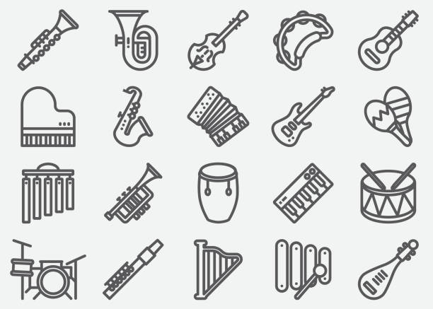 ilustrações, clipart, desenhos animados e ícones de instrumento musical linha ícones - brass instrument illustrations