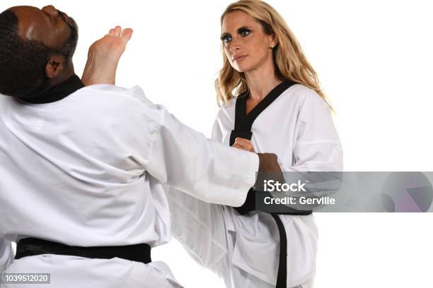 Applied Selfdefense Kick Stock Photo - Download Image Now - Adult, Barefoot, Black Belt