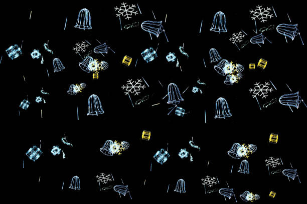 Christmas Bell Floating Out of Neon Frame, New Year Holiday Background. Digitally generated image. 3d render.