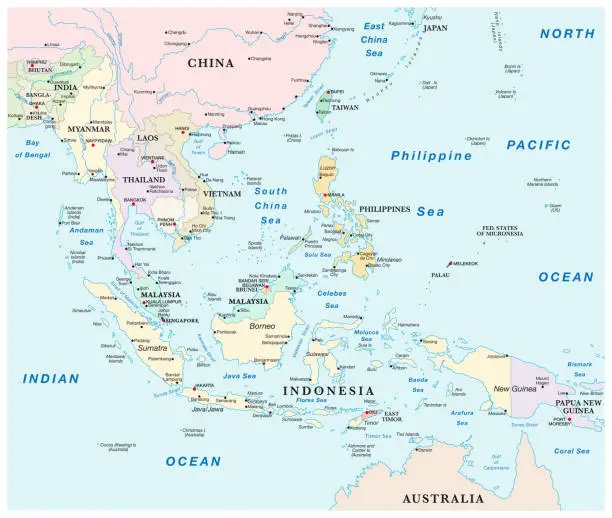 Vector illustration of map of the states of southeast asia.