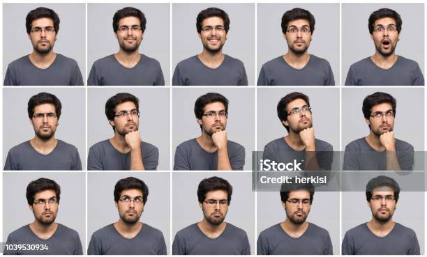 Young Man In Different Poses Stock Photo - Download Image Now - Facial Expression, Happiness, Sadness