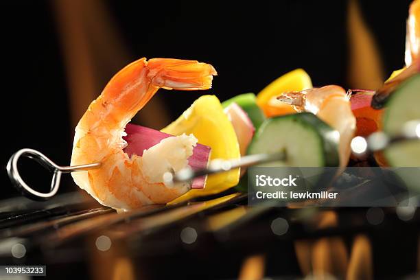 Shrimp And Vegetable Skewer On Grill Closeup Stock Photo - Download Image Now - Barbecue - Meal, Barbecue Grill, Bell Pepper