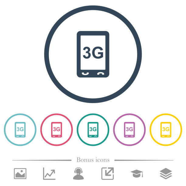 trzecia generacja połączeń mobilnych prędkości płaskie ikony kolorów w okrągłych konturach - third generation stock illustrations