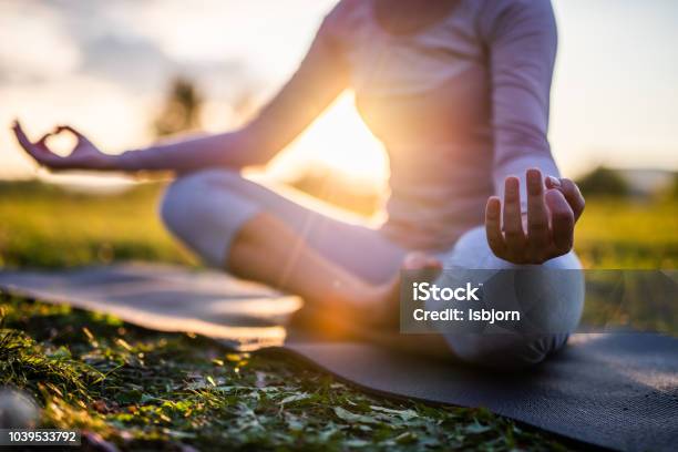 Close Up Of Meditation In Park At Sunrise Stock Photo - Download Image Now - Yoga, Meditating, Zen-like