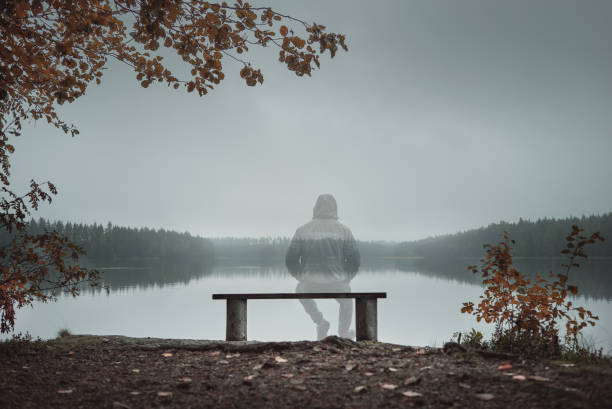 un hombre transparente está sentado en un banco y mirando el lago. vista posterior. tema otoñal - ausencia fotografías e imágenes de stock