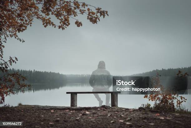 A Transparent Man Is Sitting On A Bench And Looking At The Lake Back View Autumn Theme Stock Photo - Download Image Now