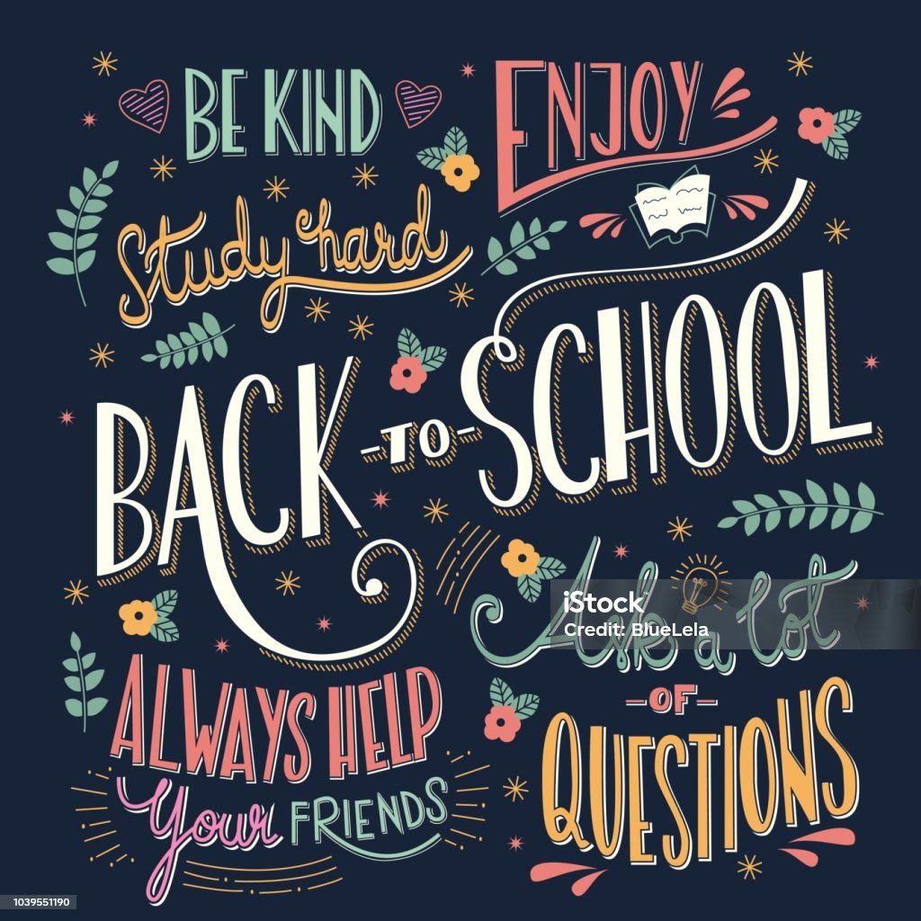Back to school colorful typography drawing on blackboard with motivational messages, hand lettering, vector illustration Asking stock vector