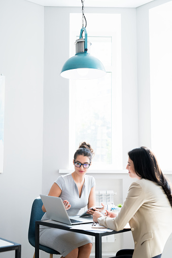 Portrait of two beautiful young women using laptop at table in cafe while working during business meeting, copy space