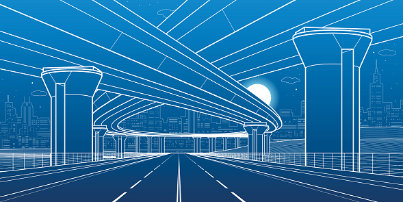 City architecture and infrastructure illustration, automotive overpass, big bridges, urban scene. Night town. White lines on blue background. Vector design art