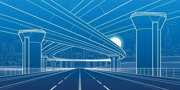 Vector illustration of City architecture and infrastructure illustration, automotive overpass, big bridges, urban scene. Night town. White lines on blue background. Vector design art