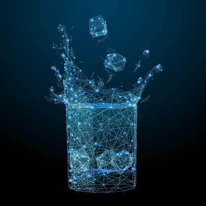 Abstract of a glass of drink ice with splash in the form of a starry sky or space, consisting of points, lines, and shapes in the form of planets, stars and the universe. Alcohol vector wireframe
