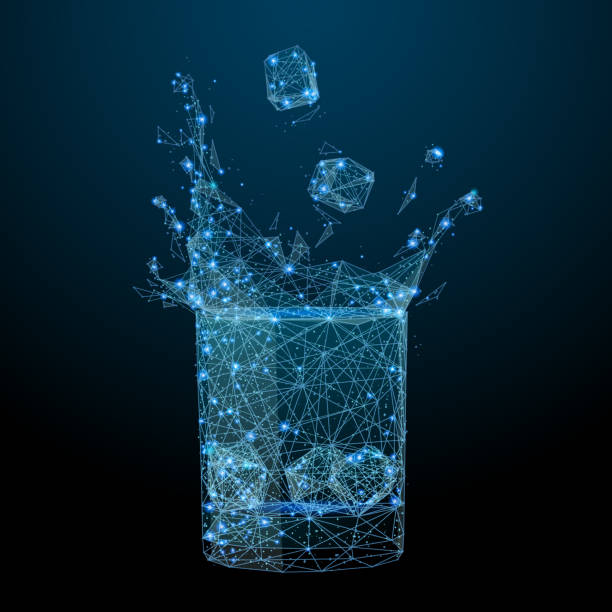 Glass with drink and splash low poly Abstract of a glass of drink ice with splash in the form of a starry sky or space, consisting of points, lines, and shapes in the form of planets, stars and the universe. Alcohol vector wireframe cocktail patterns stock illustrations