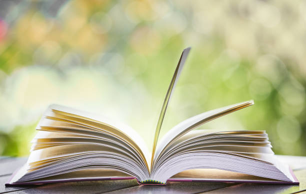 istock Open book on table in sunny garden blows in breeze 1039573482