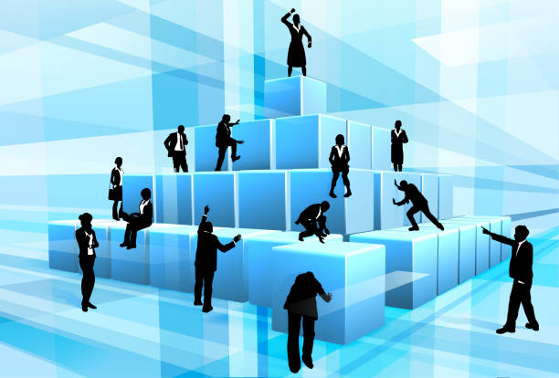 Building Blocks Business Team People Silhouettes Concept for teamwork. A business team of people silhouettes working together using big building blocks to make a structure. puzzle silhouettes stock illustrations