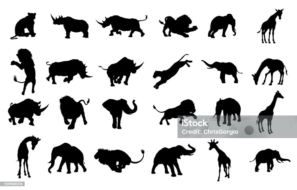 Silhouette African Safari Animal A safari animal silhouette set including elephants, giraffes, rhinos and lions Cheetah stock vector