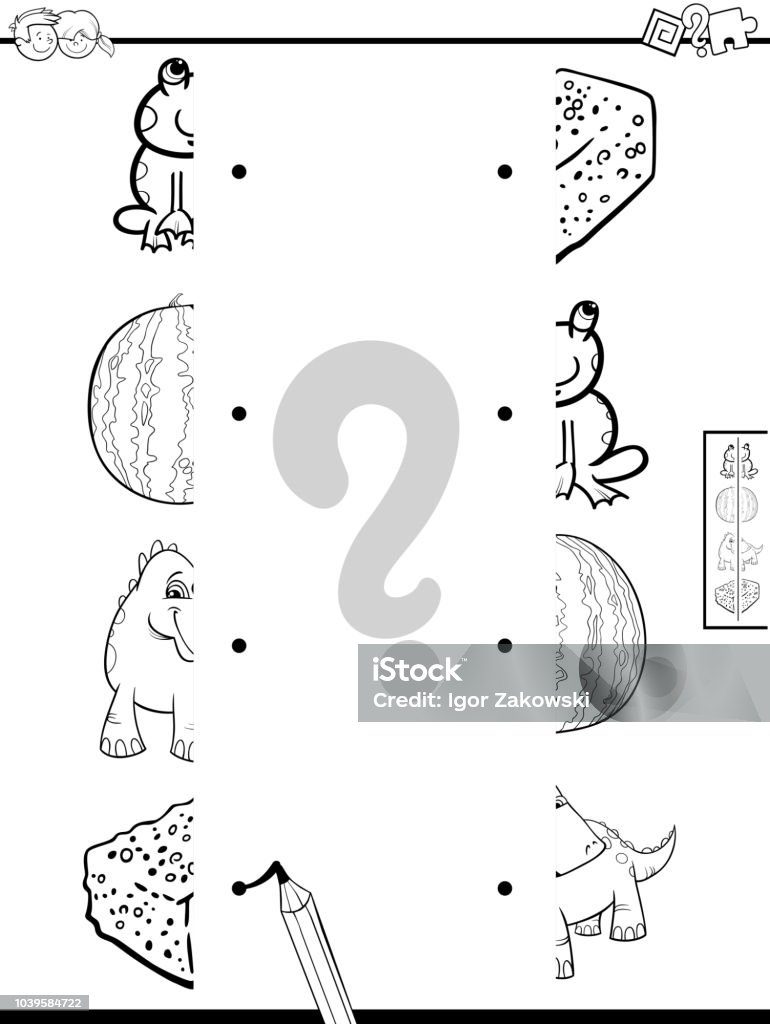 match halves of pictures game color book Black and White Cartoon Illustration of Educational Game of Matching Halves of Pictures with Animals and Objects Coloring Book Accuracy stock vector