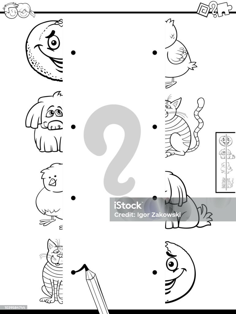 match halves of pictures with characters color book Black and White Cartoon Illustration of Educational Game of Matching Halves of Pictures with Funny Characters Coloring Book Accuracy stock vector