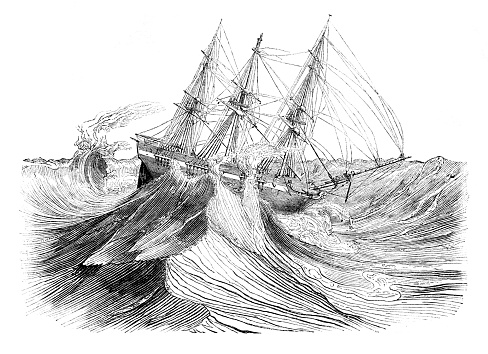 Steel engraving of sinking three masted ship in a hurricane
Original edition from my own archives
Source : Tour du Monde 1840