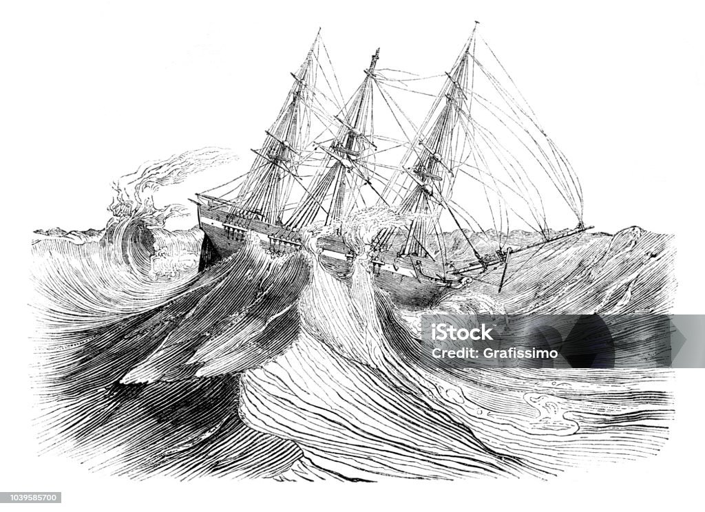 Engraving three masted ship sinking in a hurricane Steel engraving of sinking three masted ship in a hurricane
Original edition from my own archives
Source : Tour du Monde 1840 Storm stock illustration