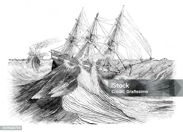 Engraving Three Masted Ship Sinking In A Hurricane Stock Illustration - Download Image Now - Storm, Sea, Sailing Ship