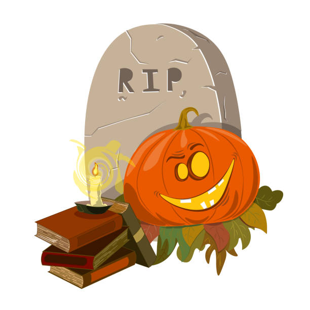 istock Smiling pumpkin head next to a tombstone and a candle 1039585746