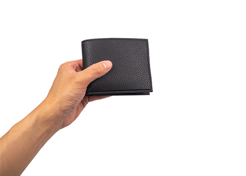 ็Black leather wallet with hand holding isolated on white background, with clipping path
