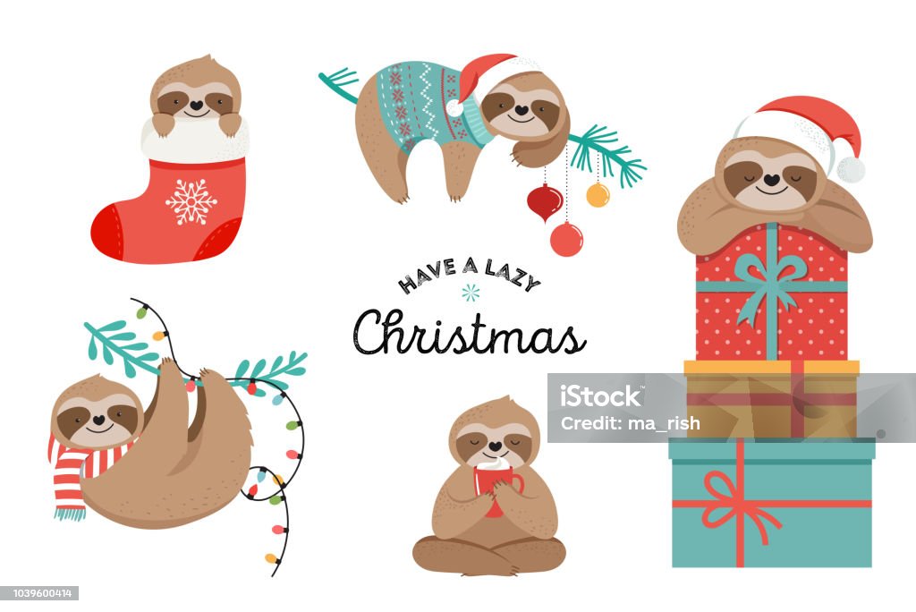 Cute sloths, funny Christmas illustrations with Santa Claus costumes, hat and scarfs, greeting cards set, banner Cute lazy sloths, funny Merry Christmas illustrations with Santa Claus costumes, hat and scarfs, greeting cards set, banner Laziness stock vector