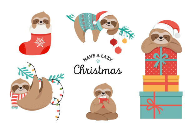 Cute sloths, funny Christmas illustrations with Santa Claus costumes, hat and scarfs, greeting cards set, banner Cute lazy sloths, funny Merry Christmas illustrations with Santa Claus costumes, hat and scarfs, greeting cards set, banner sloth stock illustrations