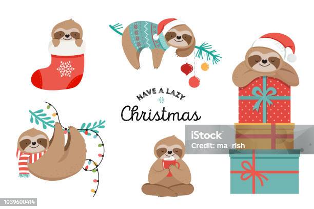 Cute Sloths Funny Christmas Illustrations With Santa Claus Costumes Hat And Scarfs Greeting Cards Set Banner Stock Illustration - Download Image Now