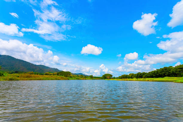 istock Clear water lake surrounded by mountains. Under the blue sky and sunlight, it is ideal for holiday and camping trips. 1039601362