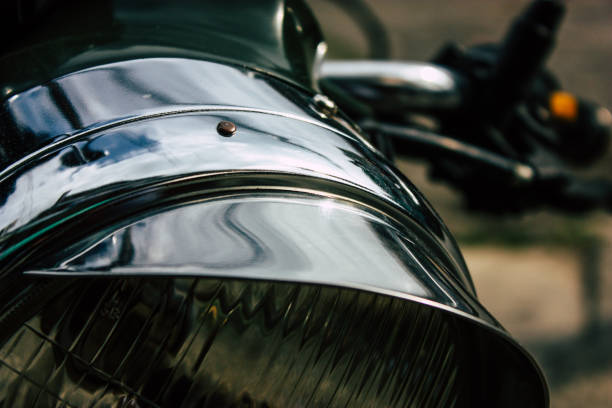 Pokhara Nepal September 18, 2018 Closeup of an Royal Enfield motorcycle parked in New road street Lakeside in Pokhara in the morning