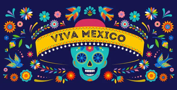 Vector illustration of Day of the dead, Dia de los muertos background, banner and greeting card concept with sugar skull.