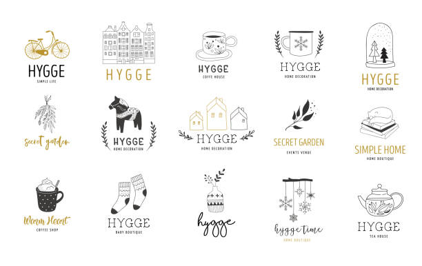 hygge - danimarka, koleksiyonu el basit yaşam zarif ve temiz logo, öğeleri çizilmiş - i̇sveç illüstrasyonlar stock illustrations