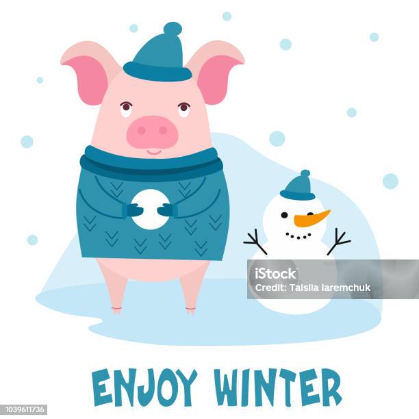 Cute Character Cartoon Pig On Winter Background Vector Illustration With Text For A Card Postcard Banner Stock Illustration - Download Image Now