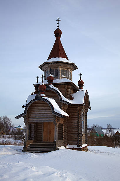 Wooden orthodox church in winter, Russia stock photo