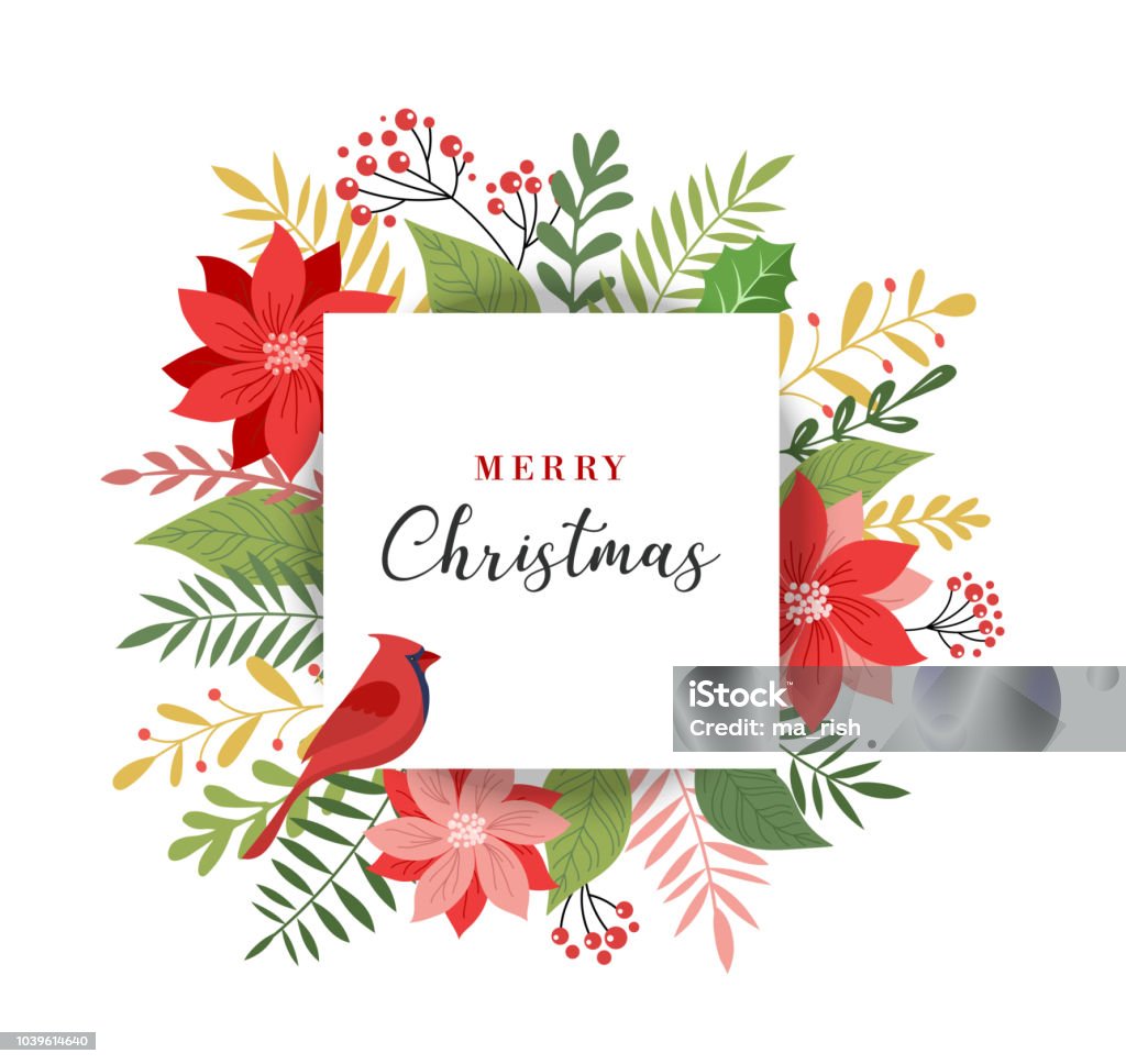 Merry Christmas greeting card in elegant, modern and classic style with leaves, flowers and bird Merry Christmas greeting card, banner and background in elegant, modern and classic style with leaves, flowers and bird Christmas stock vector