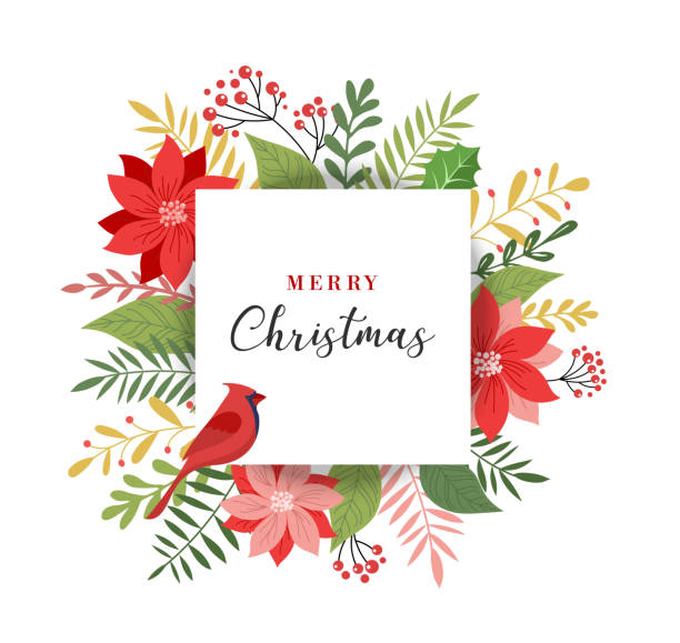 Merry Christmas greeting card in elegant, modern and classic style with leaves, flowers and bird Merry Christmas greeting card, banner and background in elegant, modern and classic style with leaves, flowers and bird bird borders stock illustrations