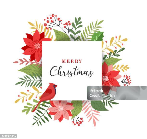 Merry Christmas Greeting Card In Elegant Modern And Classic Style With Leaves Flowers And Bird Stock Illustration - Download Image Now