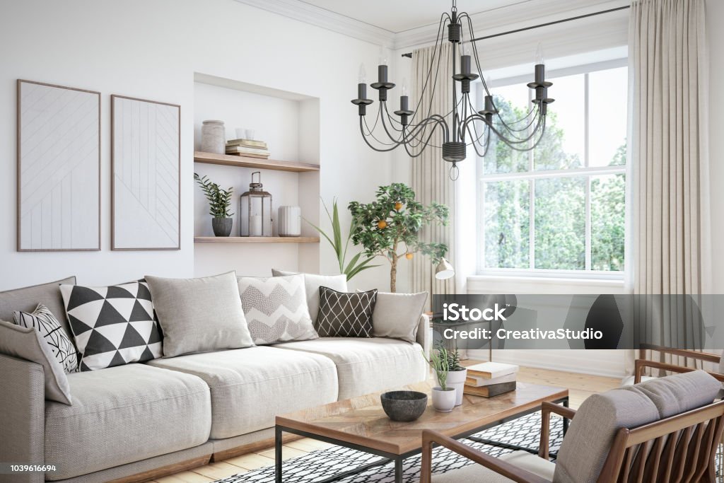 Modern scandinavian living room interior - 3d render Scandinavian interior design living room 3d render with beige colored furniture and wooden elements Living Room Stock Photo