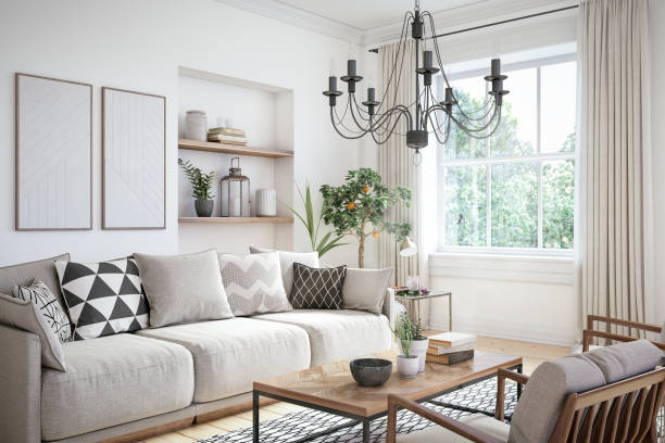 Modern scandinavian living room interior - 3d render Scandinavian interior design living room 3d render with beige colored furniture and wooden elements monochrome house stock pictures, royalty-free photos & images
