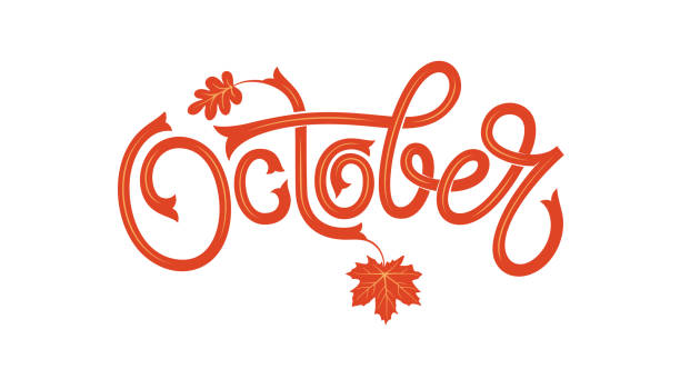 October lettering typography with autumn maple leaf on white isolated background. Vector illustration as poster, postcard, card, invitation template. Concept event advertising. October lettering typography with autumn maple leaf on white isolated background. Vector illustration as poster, postcard, card, invitation template. Concept event advertising. EPS10 october stock illustrations