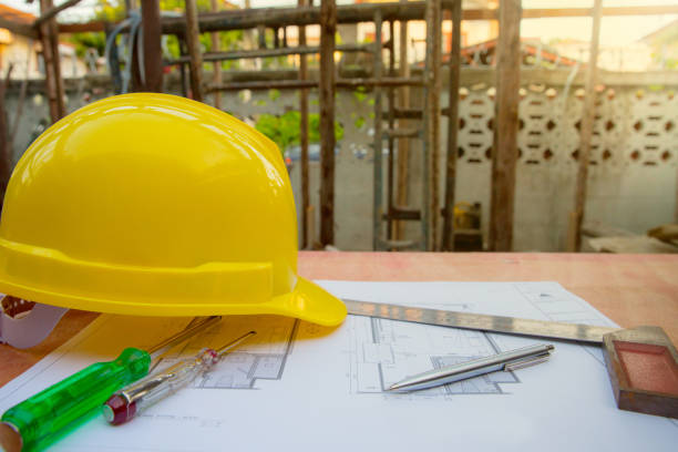 istock engineering and construction accessories, Safety Helmet, screwdriver, Screwdrivers Mains Tester, construction plan and Machinist square. 1039618044