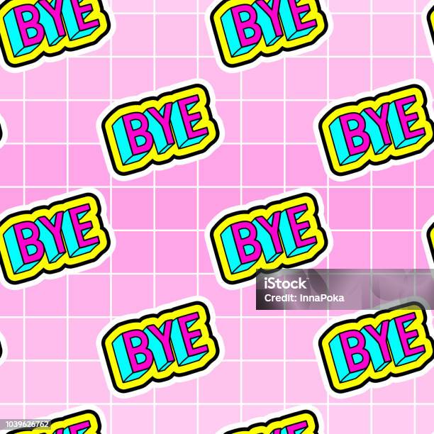 Seamless Pattern With Words Bye On Pink Grid Background Vector Illustration Stock Illustration - Download Image Now