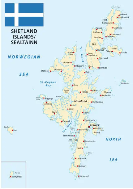 Vector illustration of shetland islands map with flag