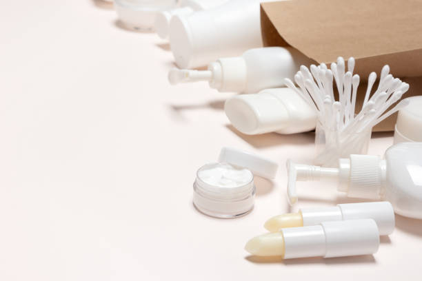 istock Cosmetic products with paper merchandise bag, empty space for text 1039636942