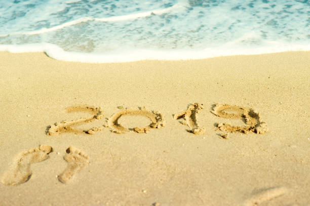 istock 2019 inscription written on sandy beach with wave approaching. 1039641170